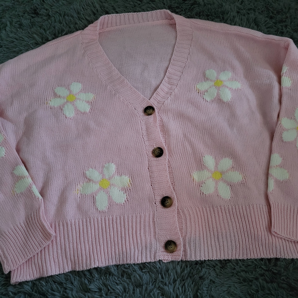 Pink Floral Button-Up Sweater